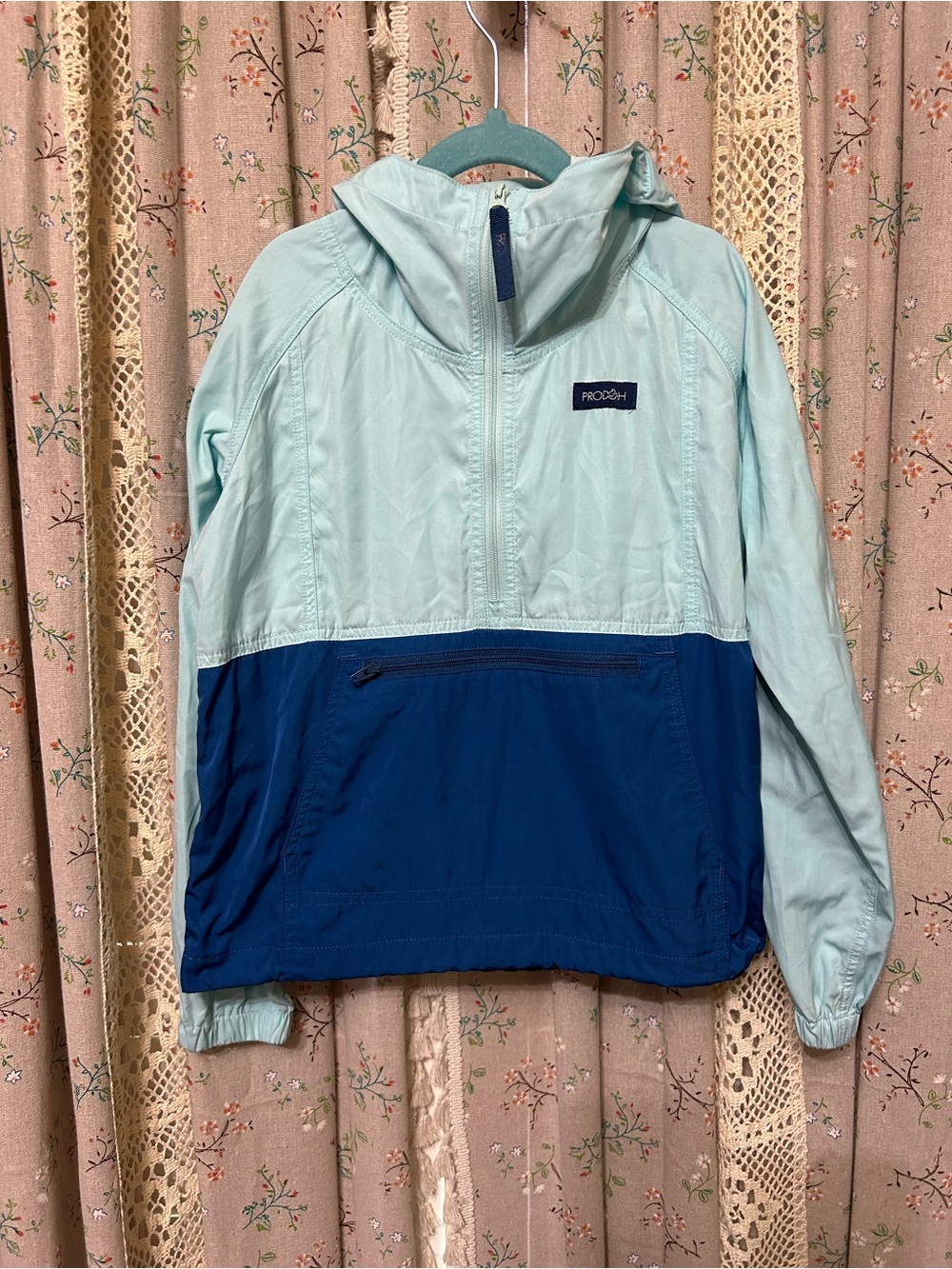 Prodoh Youth Size 6 Hooded Pullover Windbreaker Blue Aqua Half Zip Jacket